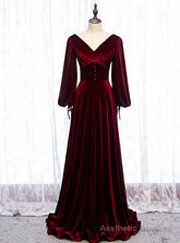Dark Burgundy Velvet Long Sleeve V-neck Pleats Prom Dress